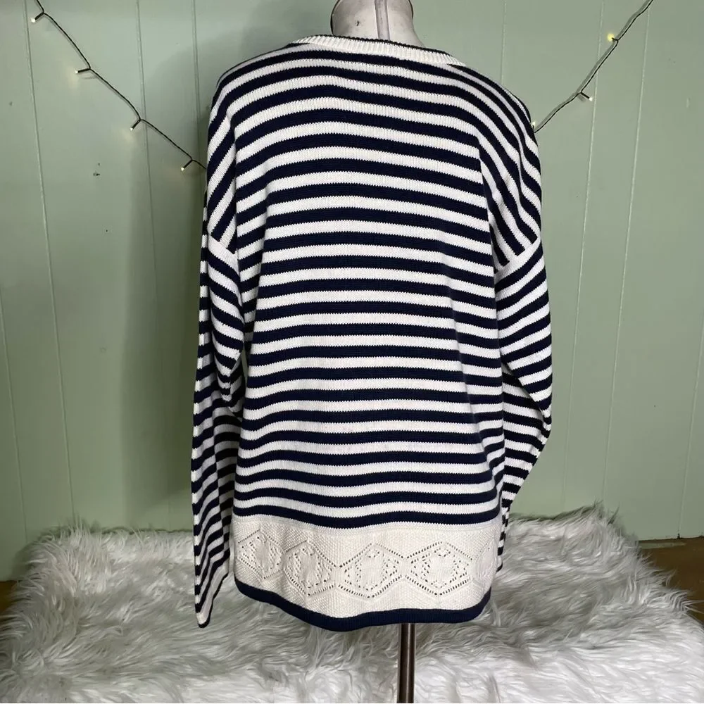 VINTAGE Brooks Brothers Sweater Womens Medium White Navy Stripe Knit Pullover - Picture 4 of 9